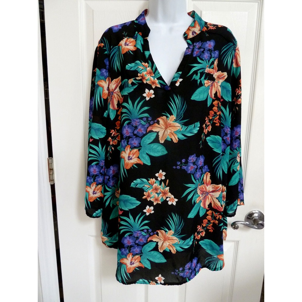 Riley & James Plus Sz XXL Roll-Tab Sleeve Tunic Blouse Tropical Floral V-Neck